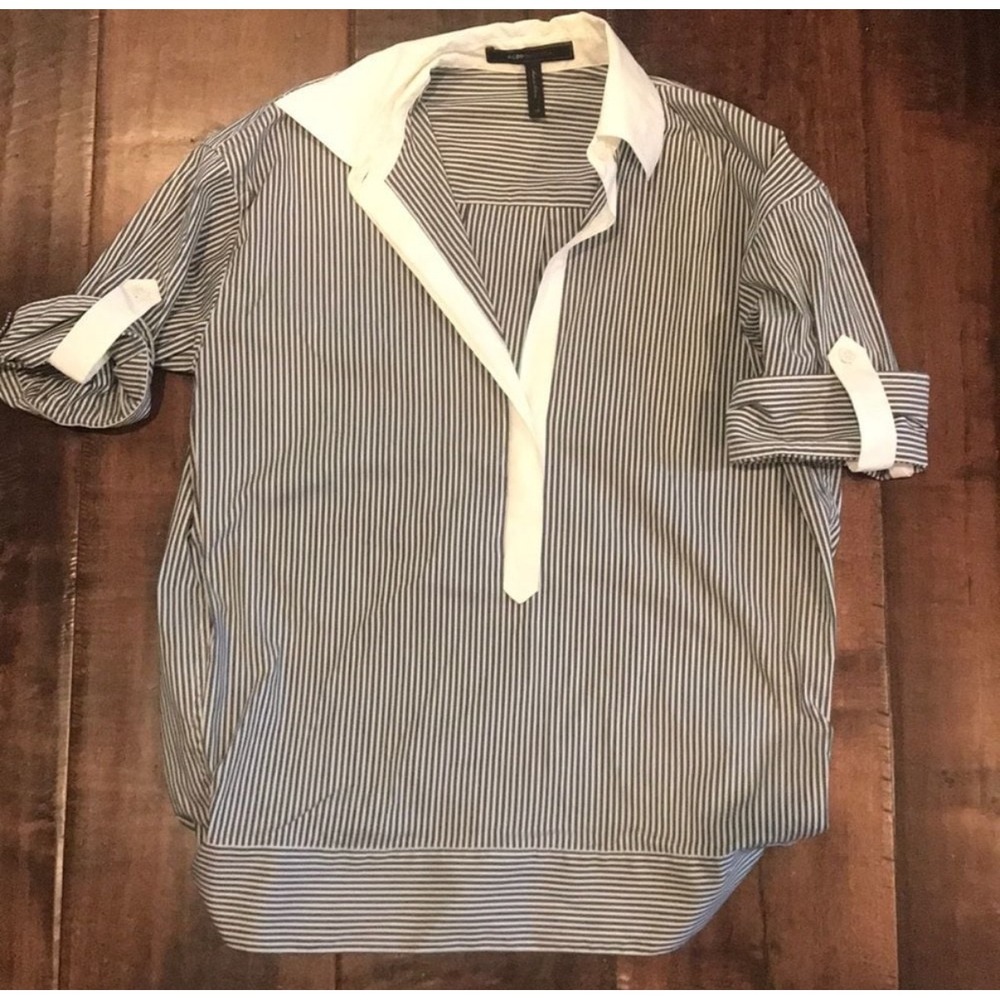 BCBGMAXAZRIA Striped Roll Tab Sleeve Tunic Blouse Blue White XS